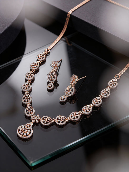 Rose Toned White AD Zircon Studded Mango Design Statement Jewellery Set