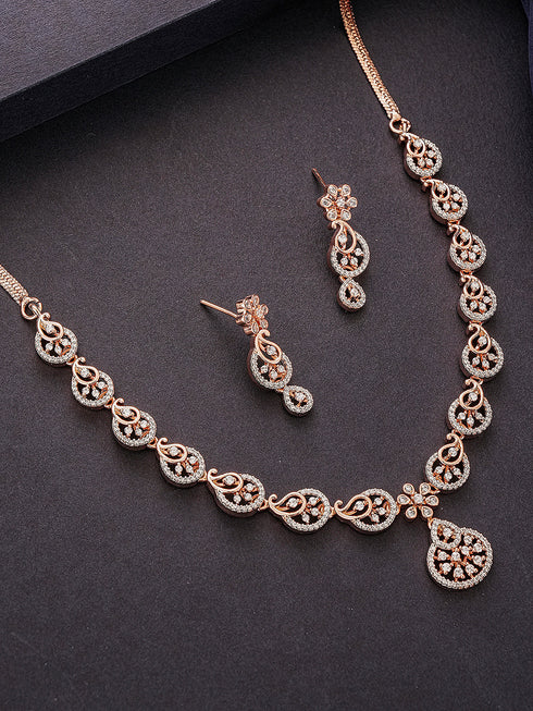 Rose Toned White AD Zircon Studded Mango Design Statement Jewellery Set