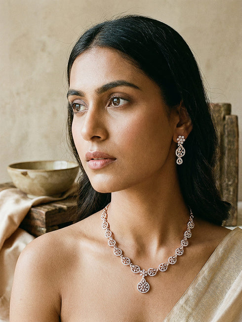 Rose Toned White AD Zircon Studded Mango Design Statement Jewellery Set
