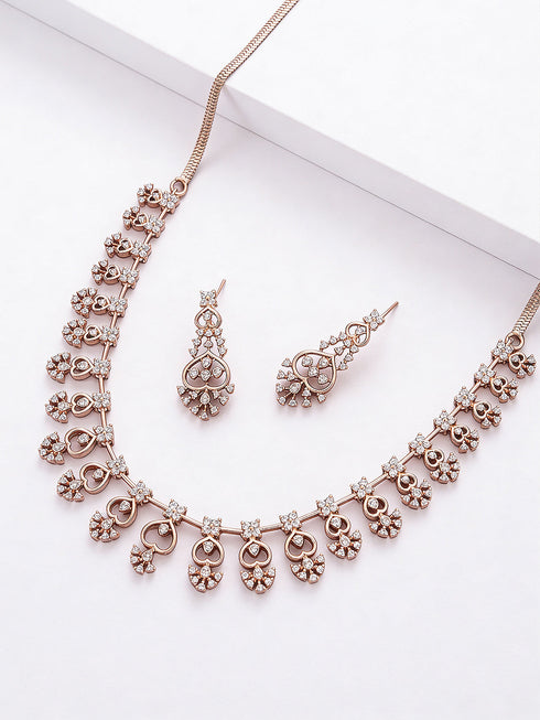 Rose Gold Plated White AD Zircon Studded Elegant Jewellery Set