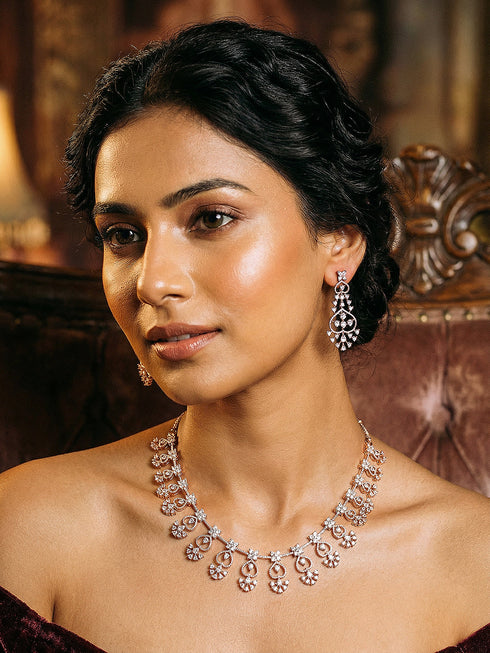 Rose Gold Plated White AD Zircon Studded Elegant Jewellery Set