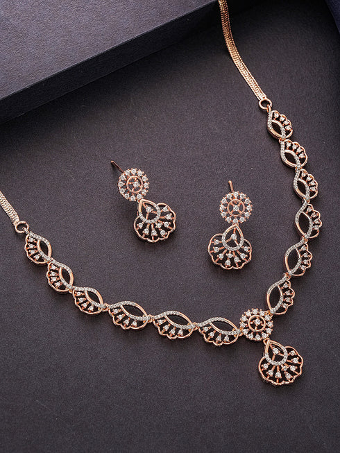 Rose Toned White AD Zircon Studded Contemporary Jewellery Set
