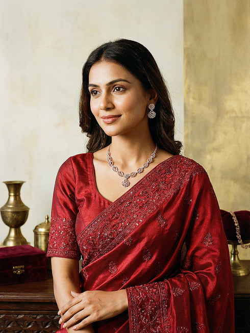 Rose Toned White AD Zircon Studded Contemporary Jewellery Set