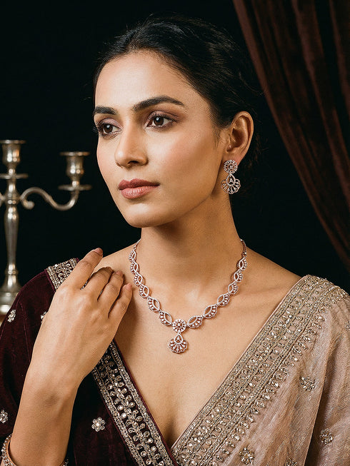 Rose Toned White AD Zircon Studded Contemporary Jewellery Set