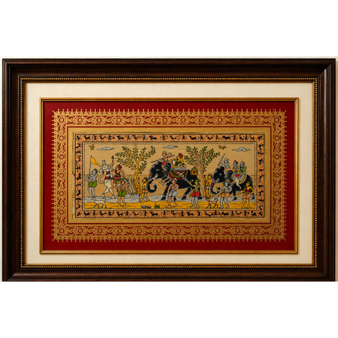 Palm Leaf Handmade Painting of Royal Elephant Procession with Attendants