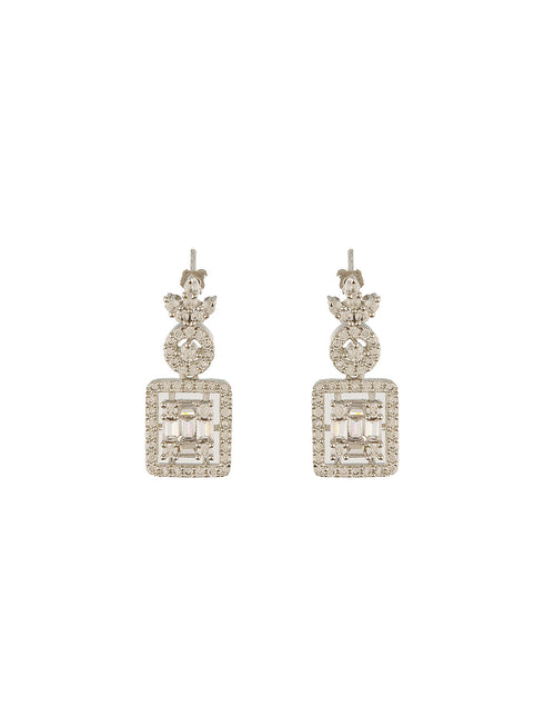 White Rhodium Cubic Zircon Studded Delicate Square Pendant Necklace Jewellery Set