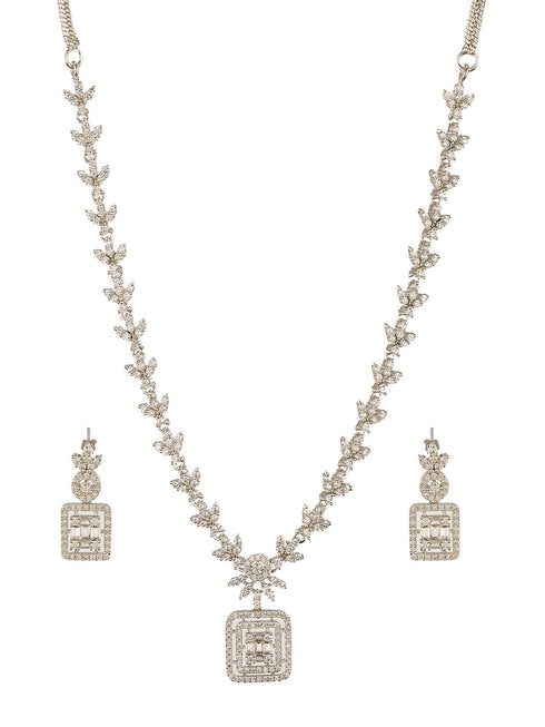 White Rhodium Cubic Zircon Studded Delicate Square Pendant Necklace Jewellery Set