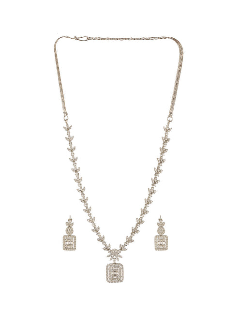 White Rhodium Cubic Zircon Studded Delicate Square Pendant Necklace Jewellery Set