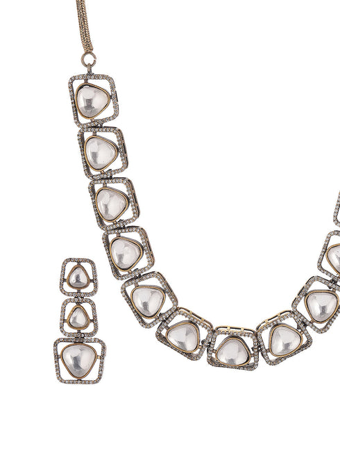 Gold-Toned Kundan Polki Square Motif Statement Necklace and Earrings Set