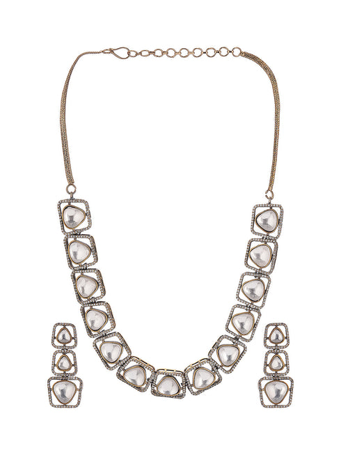 Gold-Toned Kundan Polki Square Motif Statement Necklace and Earrings Set