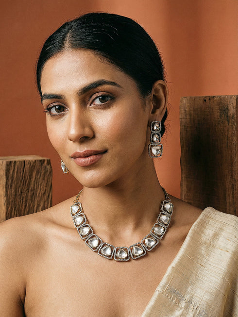 Gold-Toned Kundan Polki Square Motif Statement Necklace and Earrings Set