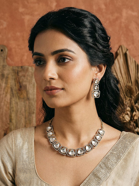 Gold-Toned Kundan Polki Square Motif Statement Necklace and Earrings Set