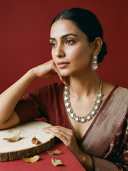 Gold-Toned Kundan Polki Square Motif Statement Necklace and Earrings Set