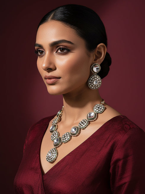 Gold Antique Kundan Jadau Uncut Polki Statement Jewellery Set