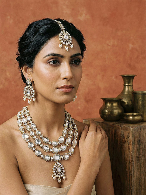 Gold Antique Uncut Polki Kundan Layered Statement Bridal Jewellery Set