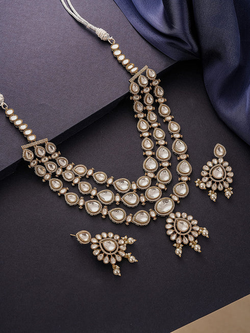 Gold Antique Uncut Polki Kundan Layered Statement Bridal Jewellery Set