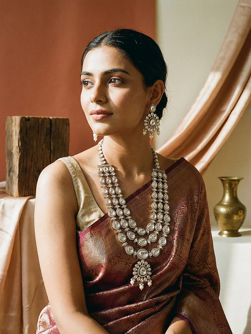 Gold Antique Uncut Polki Kundan Layered Statement Bridal Jewellery Set