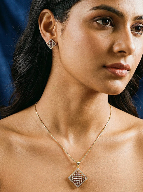 Gold Toned White AD Zircon Geometric Delicate Pendant Jewellery Set