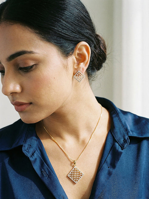 Gold Toned White AD Zircon Geometric Delicate Pendant Jewellery Set