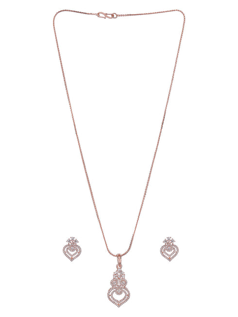 Rose Toned AD Zircon Studed Delicate Minimal Floral Pendant Jewellery Set