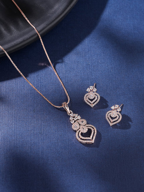 Rose Toned AD Zircon Studed Delicate Minimal Floral Pendant Jewellery Set