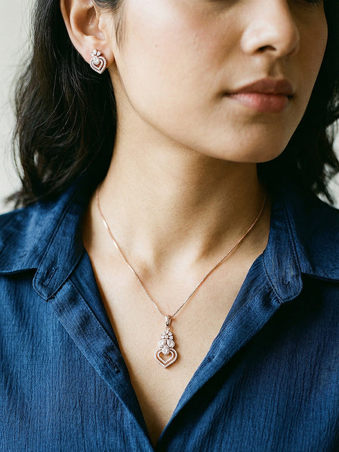 Rose Toned AD Zircon Studed Delicate Minimal Floral Pendant Jewellery Set