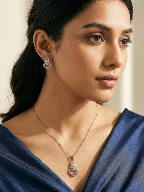 Rose Toned AD Zircon Studed Delicate Minimal Floral Pendant Jewellery Set
