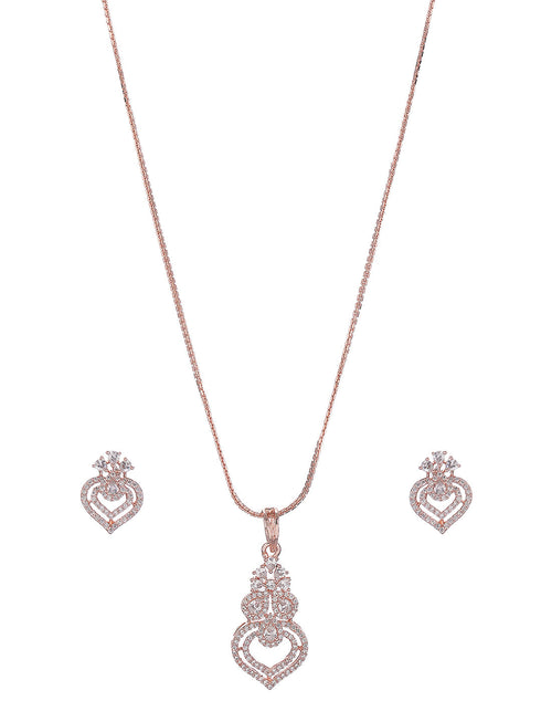 Rose Toned AD Zircon Studed Delicate Minimal Floral Pendant Jewellery Set