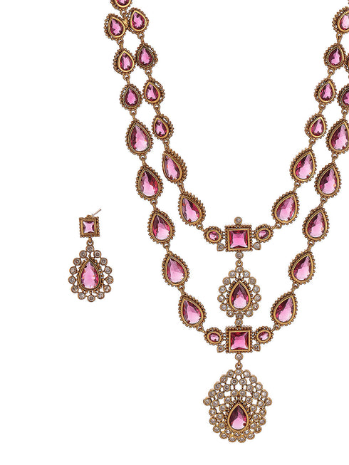Antique Gold Polish Ruby Red layered Bridal Statement Necklace Jewellery Set