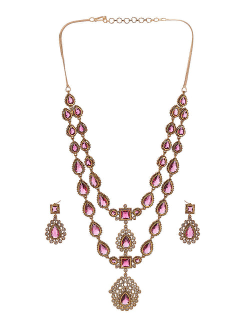 Antique Gold Polish Ruby Red layered Bridal Statement Necklace Jewellery Set