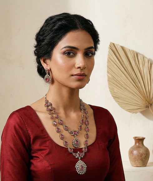 Antique Gold Polish Ruby Red layered Bridal Statement Necklace Jewellery Set