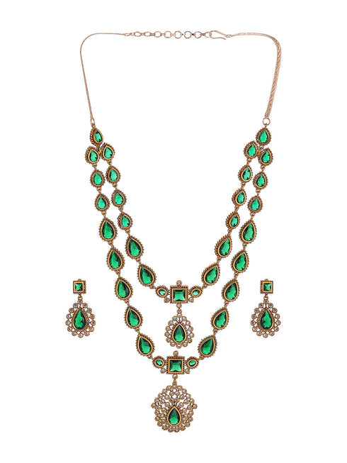 Antique Gold Polish Emerald Green layered Bridal Statement Necklace Jewellery Set