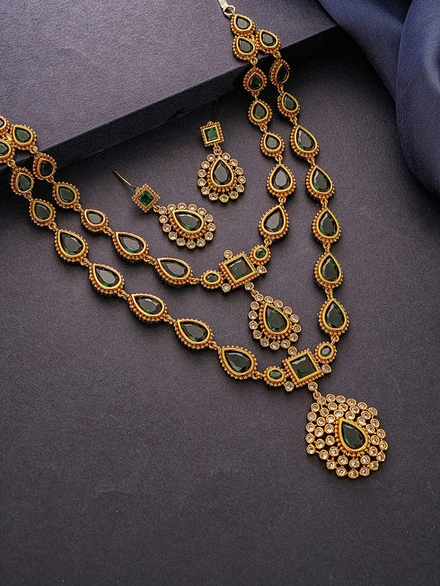 Antique Gold Polish Emerald Green layered Bridal Statement Necklace Jewellery Set