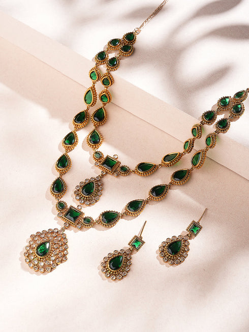 Antique Gold Polish Emerald Green layered Bridal Statement Necklace Jewellery Set
