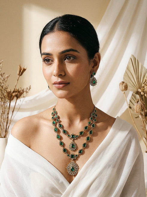 Antique Gold Polish Emerald Green layered Bridal Statement Necklace Jewellery Set