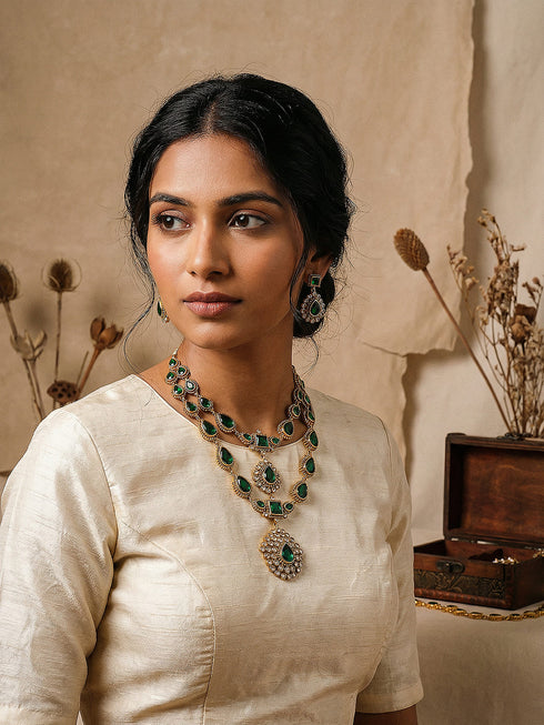 Antique Gold Polish Emerald Green layered Bridal Statement Necklace Jewellery Set