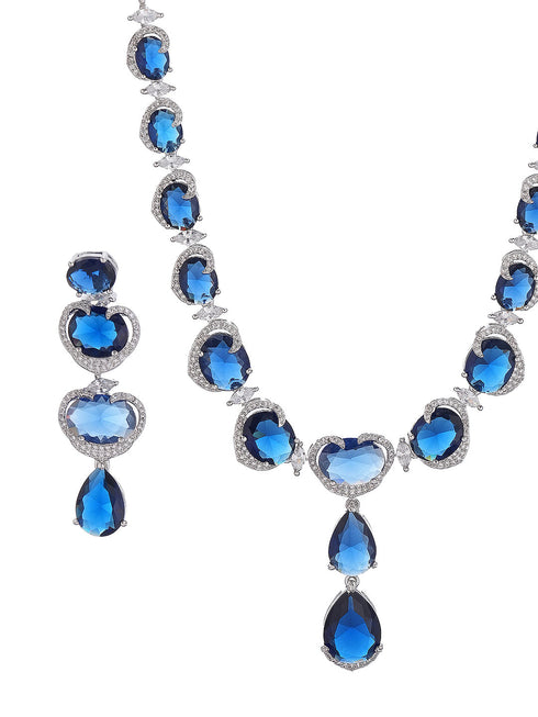 Silver Plated Sapphire Blue AD Zircon Studded Designer Statement Cocktail Jewellery Set