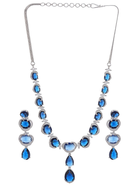 Silver Plated Sapphire Blue AD Zircon Studded Designer Statement Cocktail Jewellery Set