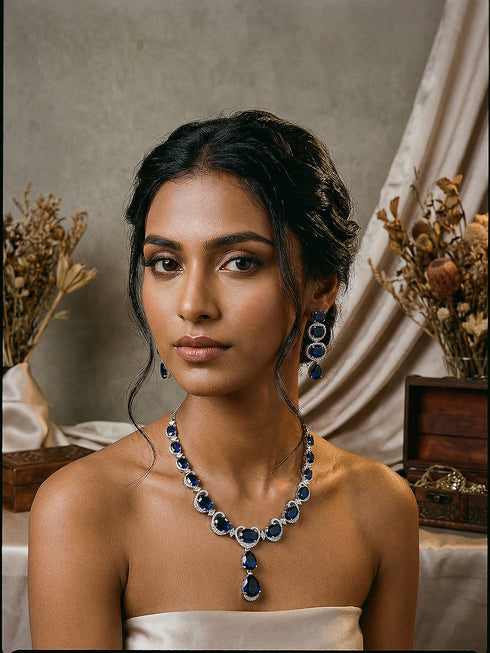 Silver Plated Sapphire Blue AD Zircon Studded Designer Statement Cocktail Jewellery Set
