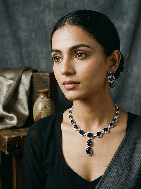 Silver Plated Sapphire Blue AD Zircon Studded Designer Statement Cocktail Jewellery Set