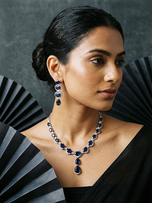 Silver Plated Sapphire Blue AD Zircon Studded Designer Statement Cocktail Jewellery Set