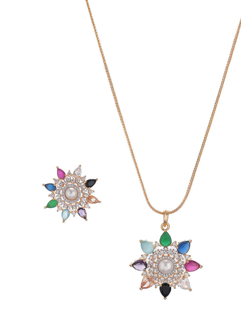 Gold Plated Nav Ratna Cubic Zirconia Stones Studded Star Shaped Pendant Jewellery Set