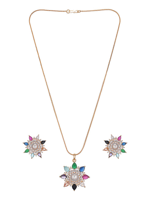 Gold Plated Nav Ratna Cubic Zirconia Stones Studded Star Shaped Pendant Jewellery Set