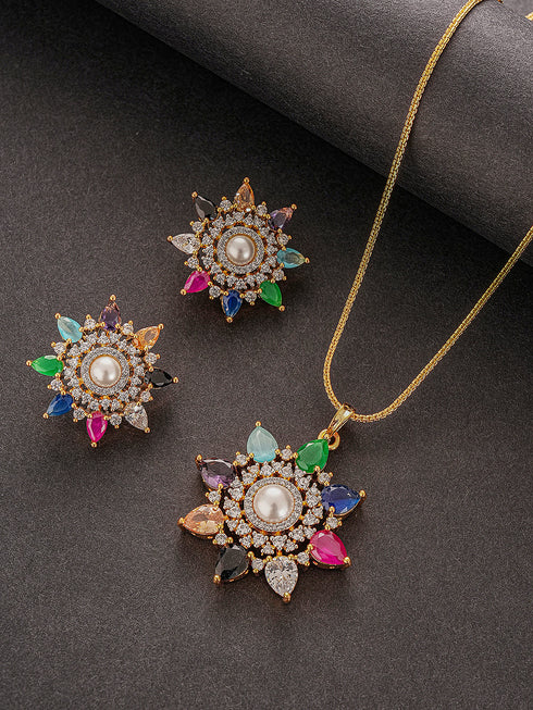 Gold Plated Nav Ratna Cubic Zirconia Stones Studded Star Shaped Pendant Jewellery Set
