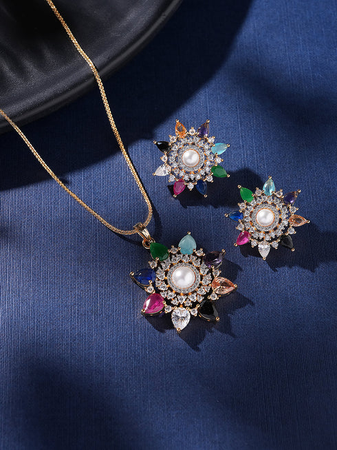 Gold Plated Nav Ratna Cubic Zirconia Stones Studded Star Shaped Pendant Jewellery Set