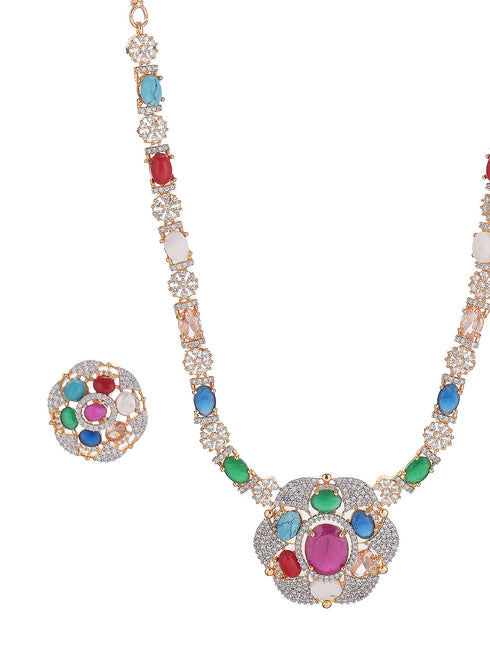 Gold Plated Nav Ratna Zircon Studded Temple Minimal Jewellery Set