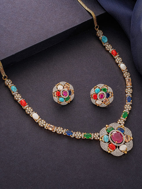 Gold Plated Nav Ratna Zircon Studded Temple Minimal Jewellery Set