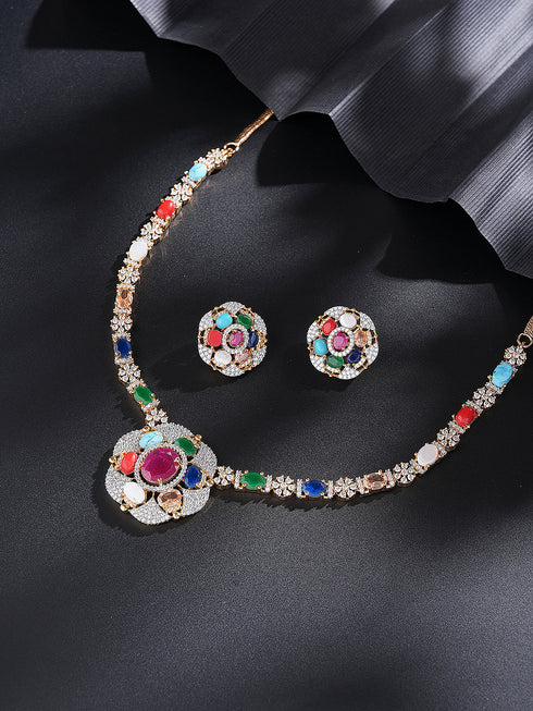 Gold Plated Nav Ratna Zircon Studded Temple Minimal Jewellery Set