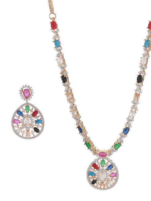 Gold Plated Nav Ratna Zircon Studded Temple Pendant Jewellery Set