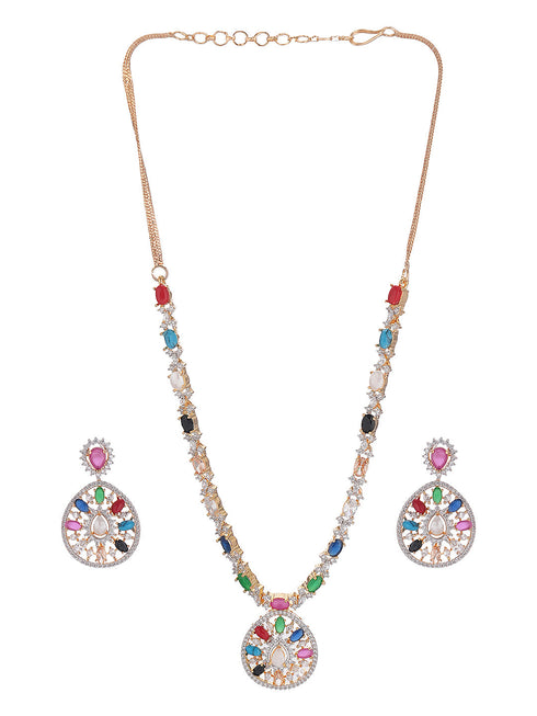 Gold Plated Nav Ratna Zircon Studded Temple Pendant Jewellery Set